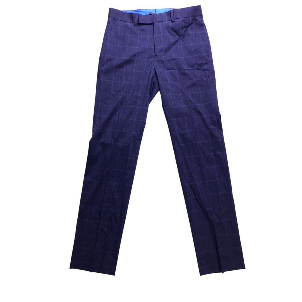 Kenneth Cole Reaction Dress Pants Mens 30W Blue Techni-Cole Plaid Flat Front